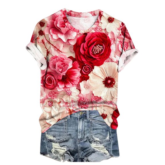 mihongmao Valentine Tshirt for Women Valentine's Day Flower Printed Casual Printed Round Neck Multicolor 5X