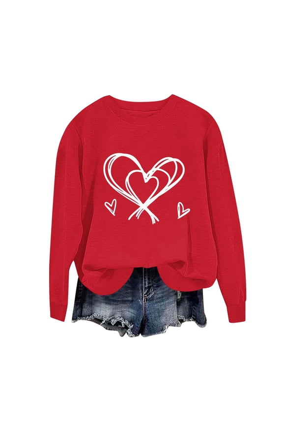 Valentine Zip-Up Sweatshirt Oversized Women's Heart Print Long Sleeve Round Neck Sweatshirt Sweatshirt Hoodless Sweatshirt Red S
