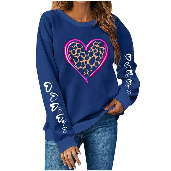 mihongmao Valentine's Day Hoodies Women's Fashion Long Sleeve Round Neck T-Shirt Printing Loose Blouse Hoodless Sweatshirts Blue S