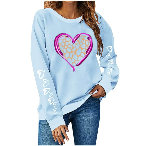 mihongmao Valentine's Day Hoodies Women's Fashion Long Sleeve Round Neck T-Shirt Printing Loose Blouse Hoodless Sweatshirts Light Blue S