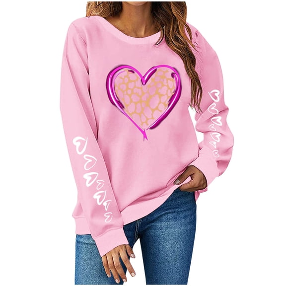 mihongmao Valentine's Day Hoodies Women's Fashion Long Sleeve Round Neck T-Shirt Printing Loose Blouse Hoodless Sweatshirts Pink S