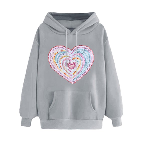 mihongmao Valentine's Day Pullover Sweatshirt Ladies' Valentine's Day Printed Long Sleeved Hooded Sweatshirt One Size Larger Gray 2X