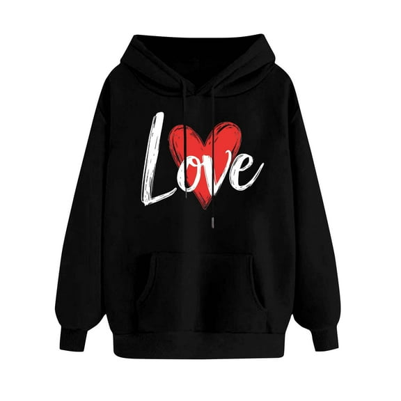 mihongmao Valentine's Day Pullover Sweatshirt Women's Printed Off Shoulder Sleeves Long Sleeved Hooded Sweatshirt Black S