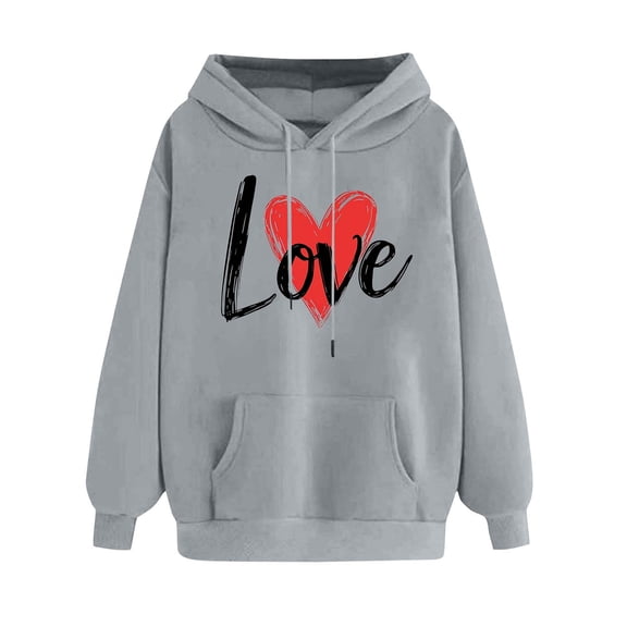mihongmao Valentine's Day Pullover Sweatshirt Women's Printed Off Shoulder Sleeves Long Sleeved Hooded Sweatshirt Gray S