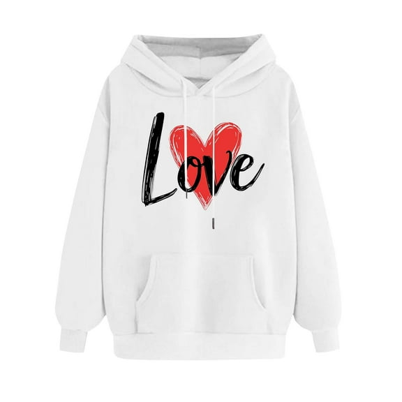 mihongmao Valentine's Day Pullover Sweatshirt Women's Printed Off Shoulder Sleeves Long Sleeved Hooded Sweatshirt White L
