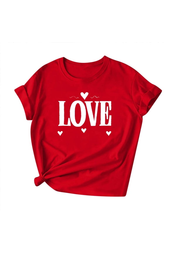 Valentine's Hearts Pull On Tops for Women Short-sleeved Crew-neck Pullover Casual Valentine's Day Red S