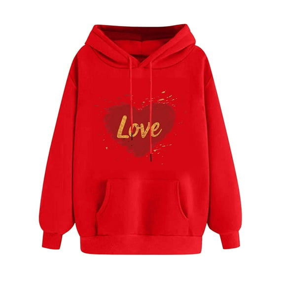 mihongmao Valentines Day Hoodies Women Ladies' Valentine's Day Printed Long Sleeved Hooded Sweatshirt One Size Larger Red 2X