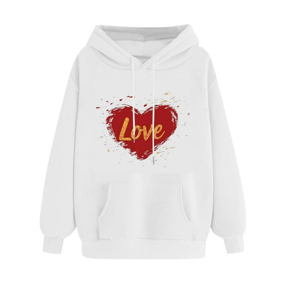mihongmao Valentines Day Hoodies Women Ladies' Valentine's Day Printed Long Sleeved Hooded Sweatshirt One Size Larger White 2X