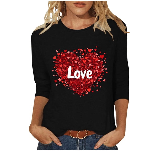 mihongmao Valentines Day Top for Women Valentine's Printed Crew Neck 3/4 Sleeve T-shirt Loose Black M