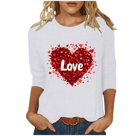 mihongmao Valentines Day Top for Women Valentine's Printed Crew Neck 3/4 Sleeve T-shirt Loose White S