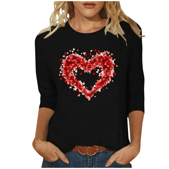 mihongmao Valentines Day Tops for Women Crew Neck Ladies' Valentine's Day Casual Printed Round Neck Three Quarter Sleeve 3/4 Sleeve T-shirt Loose Black S