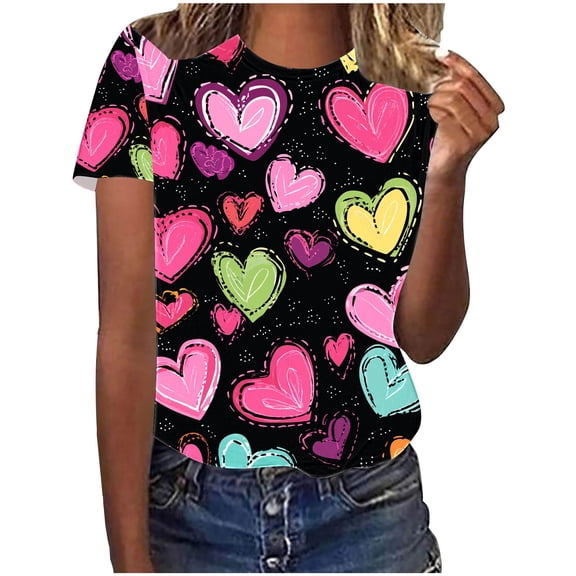mihongmao Valentines Day Tops for Women Round Neck Print Casual Print Short Sleeved Short Sleeved Round Neck Top/shirt Multicolor 2X