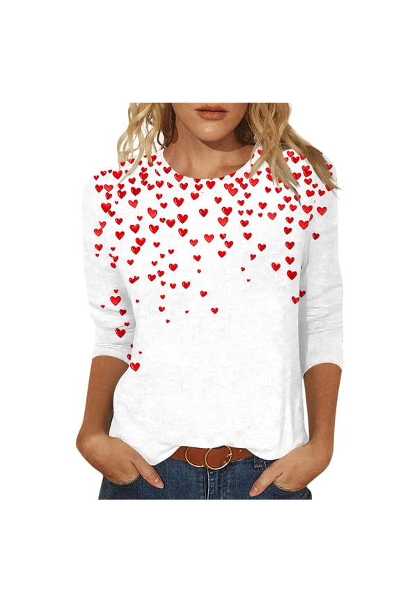 Valentines Top Women Fashion Three Quarter Sleeve Round Neck Easter Printed Loose Blouse Pink 4X