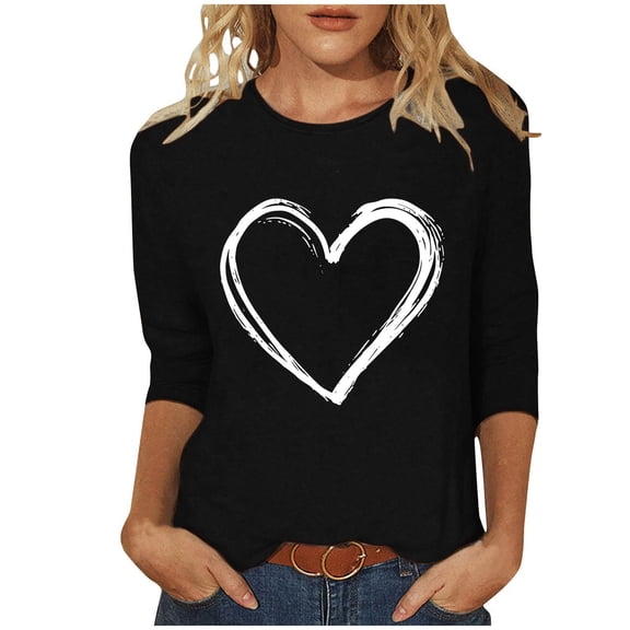 mihongmao Valentines Top Women Valentine's Printed Crew Neck 3/4 Sleeve T-shirt Loose Black S