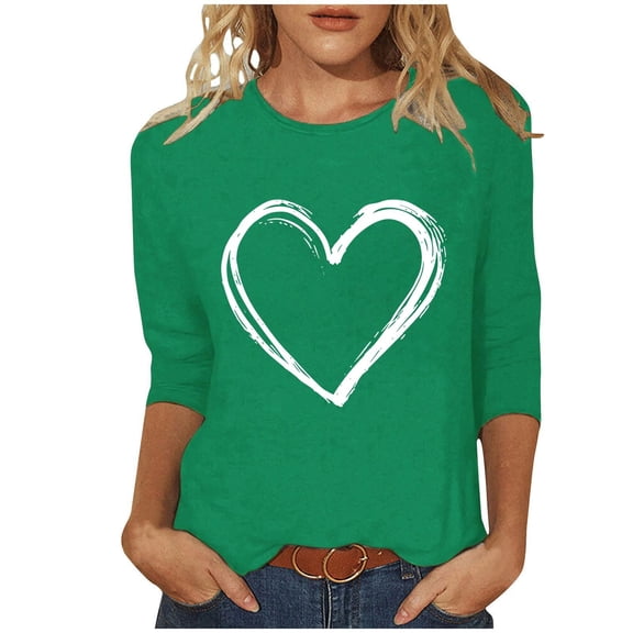 mihongmao Valentines Top Women Valentine's Printed Crew Neck 3/4 Sleeve T-shirt Loose Green S