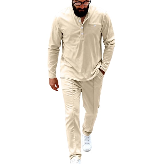 mihongmao Western Outfit for Men Solid-Color Casual Sporty Round-Neck Button Stand-Up Collar Long Sleeved Top Pocket Drawstring Long Pants Two Piece Set Beige M