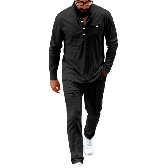 mihongmao Western Outfit for Men Solid-Color Casual Sporty Round-Neck Button Stand-Up Collar Long Sleeved Top Pocket Drawstring Long Pants Two Piece Set Black 2X