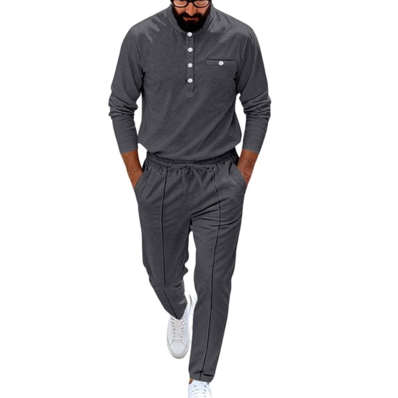 mihongmao Western Outfit for Men Solid-Color Casual Sporty Round-Neck Button Stand-Up Collar Long Sleeved Top Pocket Drawstring Long Pants Two Piece Set Dark Gray XL