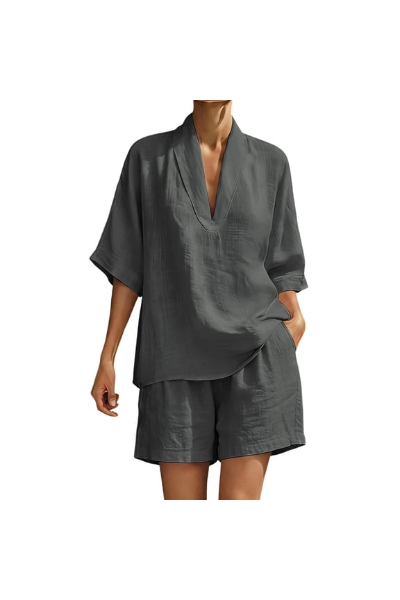 Western Outfit Trendy Vacation Sets Women's Short Sleeved Shirt and Shorts V-neck Linen Set Dark Gray 2X