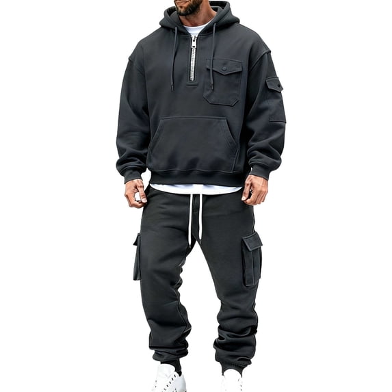 mihongmao Western Outfit for Men Casual Pullover Hooded Sports Solid Long Sleeve Trousers Two-Piece Elastic Waist Tracksuit Dark Gray XL