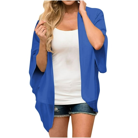 mihongmao Winter Coats for Women, Fashion Deals Women's Puff Sleeve Kimono Cardigan Loose Chiffon Cover Up Casual Blouse Tops,Womens Plus Size Clearance $5 Blue XXXXXL