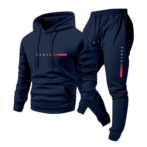 mihongmao Winter Sets For Men Casual Pullover Hooded Sports Print Long Sleeve Trousers Two-Piece Elastic Waist Tracksuit Navy L