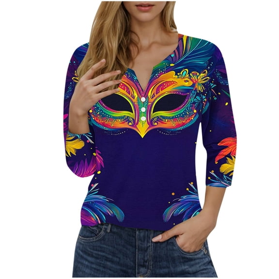mihongmao Women Tops Mardi Gras Mask Beads Shirts Women's Fashion Printed 3/4 Sleeve Blouse V Neck Casual Buttons Multicolor XL