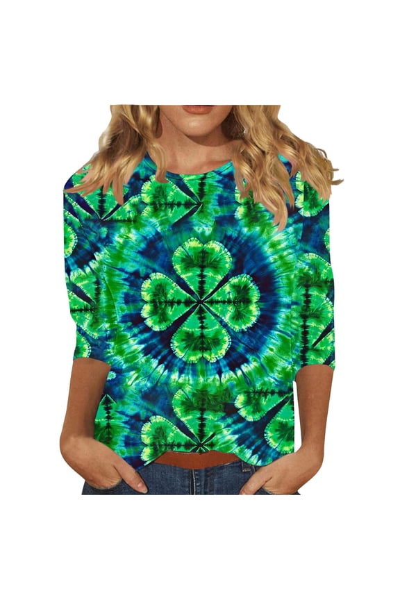 Women's Mardi Gras Feather Mask T-Shirt Ladies' Casual St. Patrick's Day Printed Round Neck Three Quarter Sleeved T-shirt Loose Top Green 5X