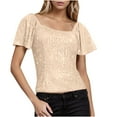 thumbnail image 1 of mihongmao Women's Mardi Gras Mask Crown T-Shirt Women's Short Sleeve Solid Color Sequin Casual Fashion Top Beige L, 1 of 7