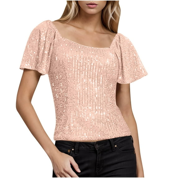 mihongmao Women's Mardi Gras Mask Crown T-Shirt Women's Short Sleeve Solid Color Sequin Casual Fashion Top Hot Pink 2X