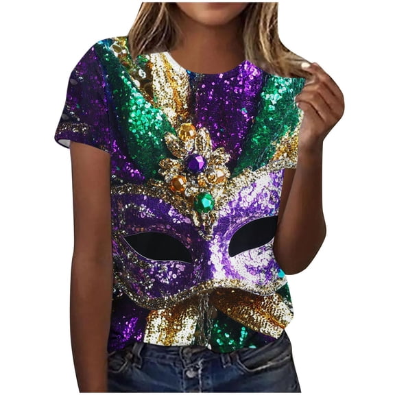 mihongmao Women's Mardi Gras Parade Print Tee Ladies' Casual Pullover Carnival Printed Round Neck Short Sleeved Top Purple L