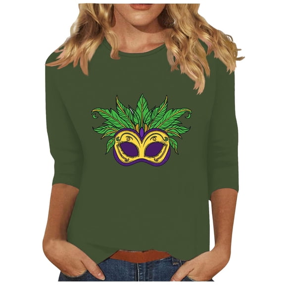 mihongmao Women's Mardi Gras T-Shirt Ladies' Carnival Printed Casual Round Neck Three Quarter Sleeve 3/4 Sleeve Loose T-shirt Top Green S