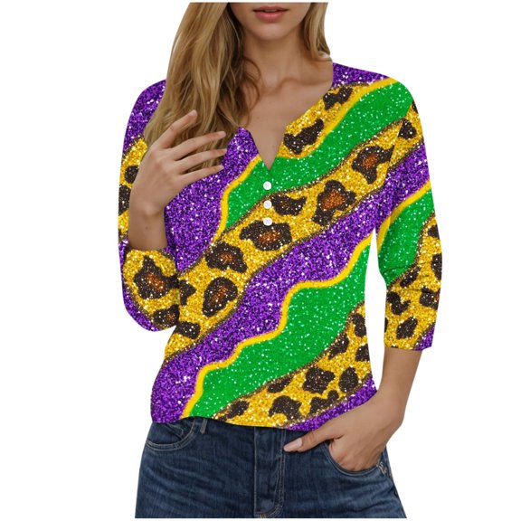 mihongmao Women's Mardi Gras T-Shirt Women's Fashion Printed 3/4 Sleeve Blouse V Neck Casual Buttons Multicolor S