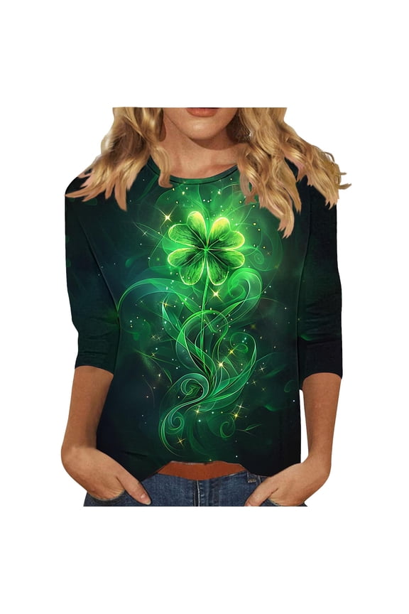 Women's Mardi Gras Tee Ladies' Casual St. Patrick's Day Printed Round Neck Three Quarter Sleeved T-shirt Loose Top Green 5X