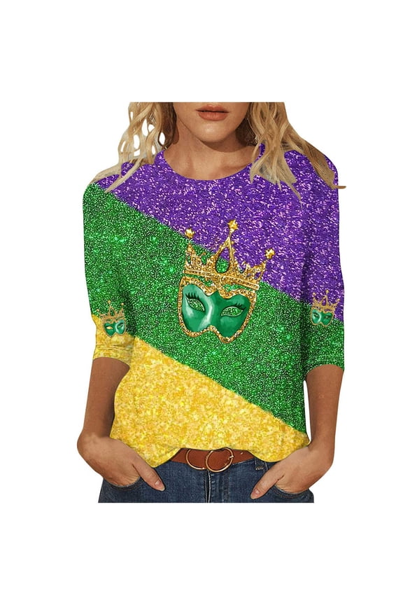 Women's Mardi Gras Tee Women's Carnival Print Loose Casual Round Neck Three-Quarter Sleeve T-Shirt Pullover Purple XL