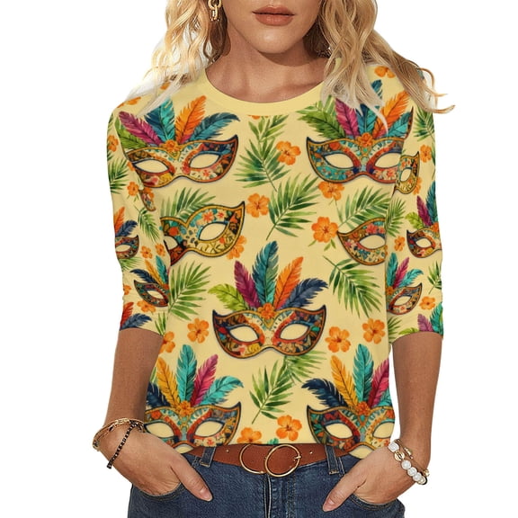 mihongmao Women's New Orleans Mardi Gras Shirt Women's A 3/4 Sleeve Christmas Printed Round-neck Top Multicolor 2X
