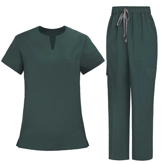 mihongmao Women's Scrubs Jogger Matching Set 4 Way Medical Nursing Outfit Loose Drawstring Pants Pocket Caregiver Short Sleeve V-Neck Blouses Nursing Uniform Set Army Green L