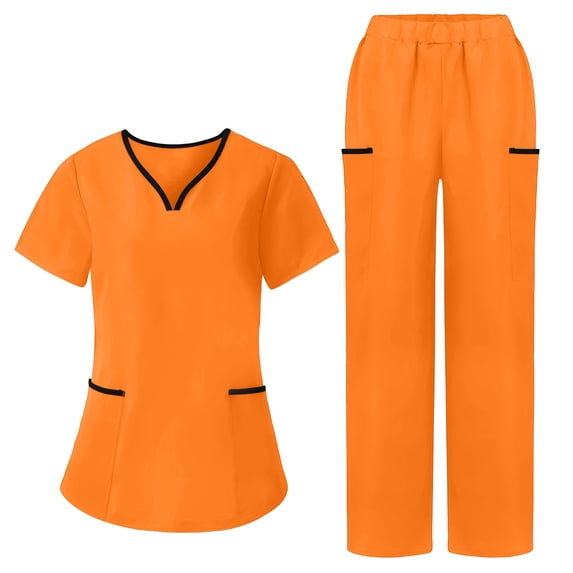 mihongmao Women's Scrubs Jogger Matching Set Cozy Fit 4 Way Stretch Cotton Medical Nursing Outfit Color Block Short-Sleeve V-neck Pocket Trousers Loose Uniform Set Orange 2X