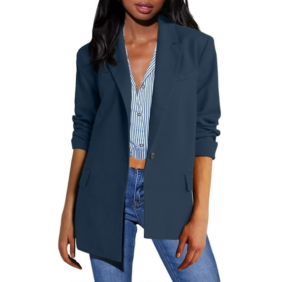 mihongmao Womens Coats and Jackets Clearance Women's Solid Color Shoulder Pad without Collar Pocket Button Long Sleeved Flip Suit Jacket,Womens Plus Size Clearance $5 Navy XXL