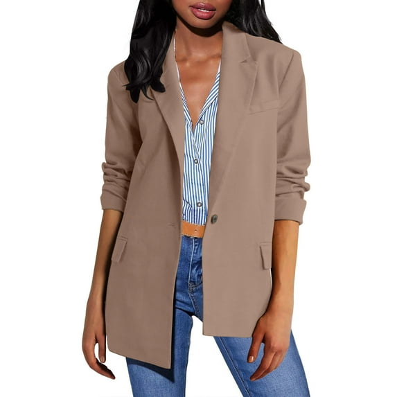 mihongmao Womens Coats and Jackets Clearance Women's Solid Color Shoulder Pad without Collar Pocket Button Long Sleeved Flip Suit Jacket,Womens Plus Size Clearance $5 Khaki S