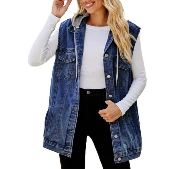 mihongmao Womens Coats and Jackets Clearance Womens Fashion Fashion Women Casual Pockets Button Sleeveless Hooded Tops Jacket Denim Coat,Womens Tops Plus Size Dark Blue S