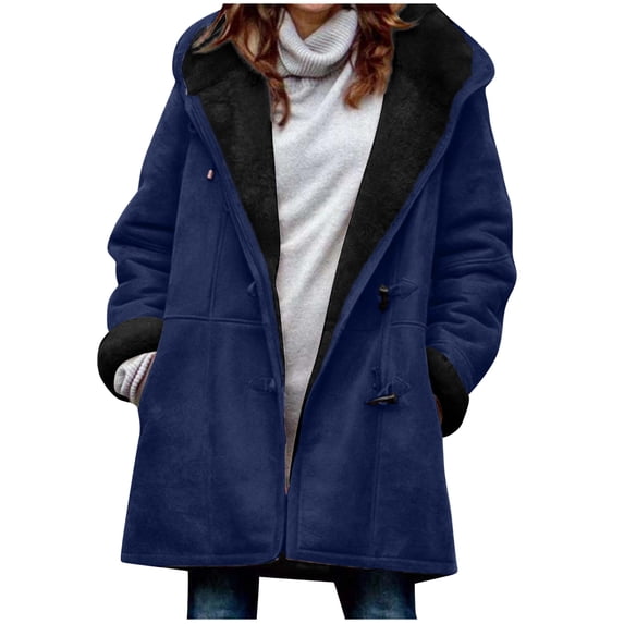 mihongmao Womens Coats and Jackets Clearance Womens Fashion Fashion Womens Warm Faux Coat Jacket Winter Button Solid Long Sleeve Outerwear,Womens Plus Size Clearance $5 Blue XXL