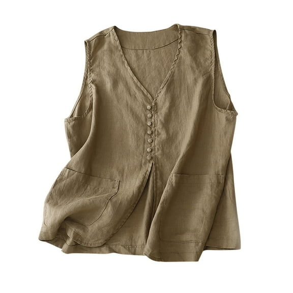 mihongmao Womens Coats Warm Winter Women's Denim Linen Waistcoat Trend Casual Denim Sleeveless Cardigan,Womens Tops Plus Size Khaki M