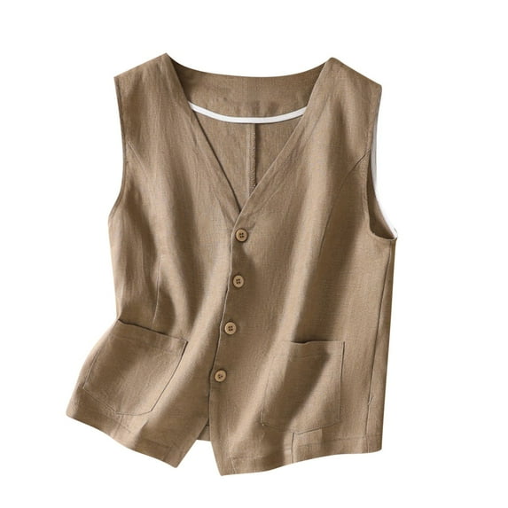 mihongmao Womens Fall Tops Women's Denim Linen Waistcoat Trend Casual Denim Sleeveless Cardigan,Womens Tops Plus Size Khaki M