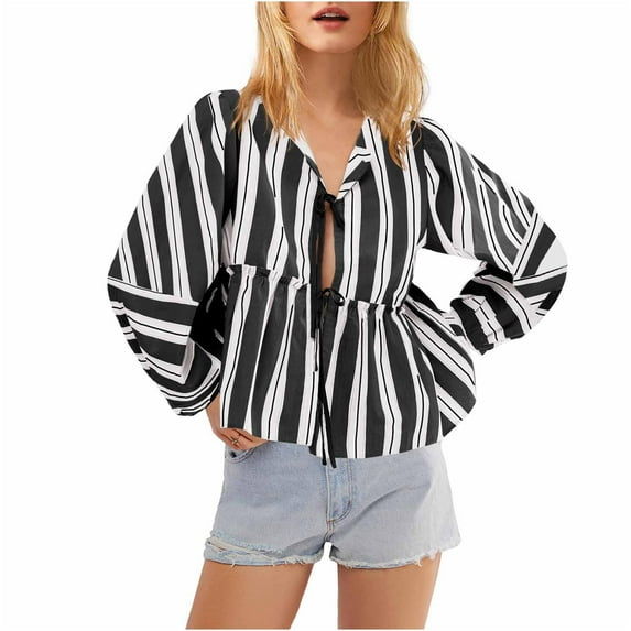 mihongmao Womens Long Sleeve Tops Womens Striped Tie Front Tops Long Sleeve Peplum Blouse Loose Tops Casual Fall Shirts,Womens Tops Clearance under $5 Black XL