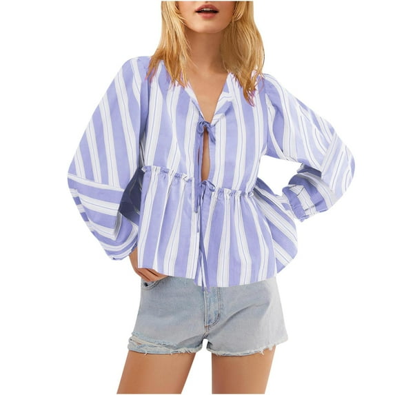mihongmao Womens Long Sleeve Tops Womens Striped Tie Front Tops Long Sleeve Peplum Blouse Loose Tops Casual Fall Shirts,Womens Tops Clearance under $5 Light Blue M
