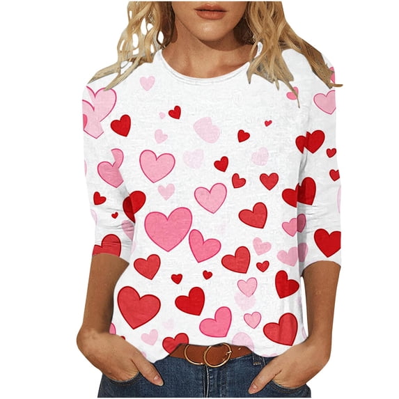 mihongmao Womens Plus Valentine Tops Women's Valentine's Printed Crew Neck 3/4 Sleeve T-Shirt Loose Red M