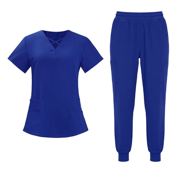 mihongmao Womens Scrubs Cozy Fit Short Sleeve Operating Room Nurse Suit Comfortable Elastic Breathable Set V Neck Tops Blue L