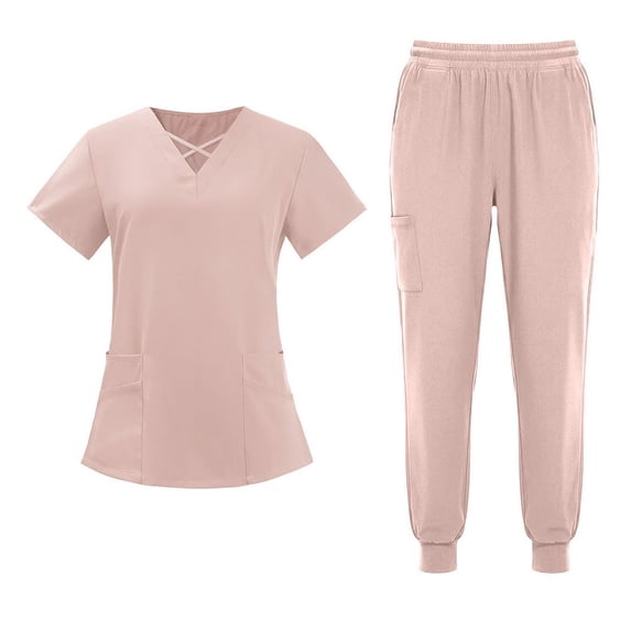 mihongmao Womens Scrubs Cozy Fit Short Sleeve Operating Room Nurse Suit Comfortable Elastic Breathable Set V Neck Tops Pink L
