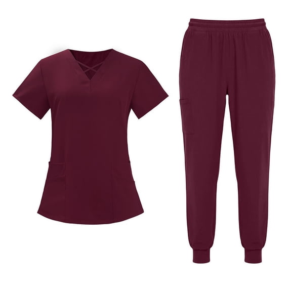 mihongmao Womens Scrubs Cozy Fit Short Sleeve Operating Room Nurse Suit Comfortable Elastic Breathable Set V Neck Tops Wine 2X
